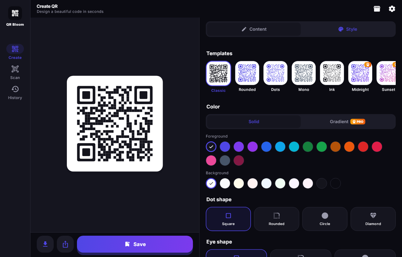 QR Bloom QR code generator: style options with templates, colors and dot shapes